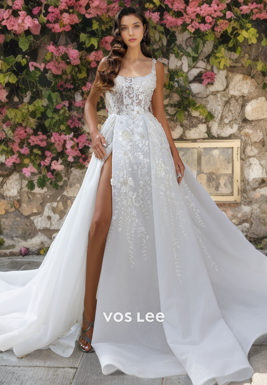 A-Line Square Applique Lace Wedding Dress with High Slit