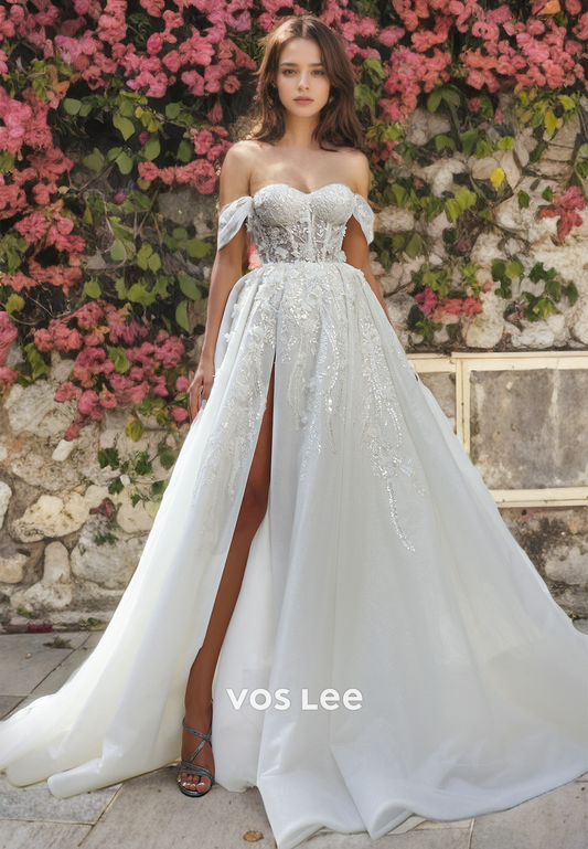 A-Line Off Shoulder Sweetheart Satin Wedding Dress with High Slit and Appliques