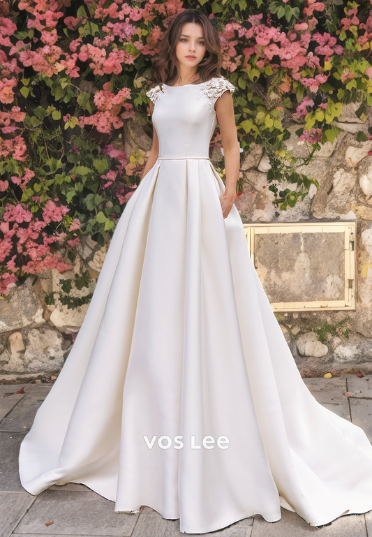 A-Line Bateau Satin Wedding Dress with Appliques