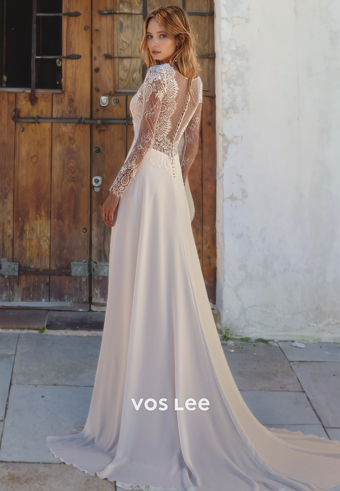 Boho A-Line V-Neck Satin Beach Wedding Dress with Appliques and Long Sleeves