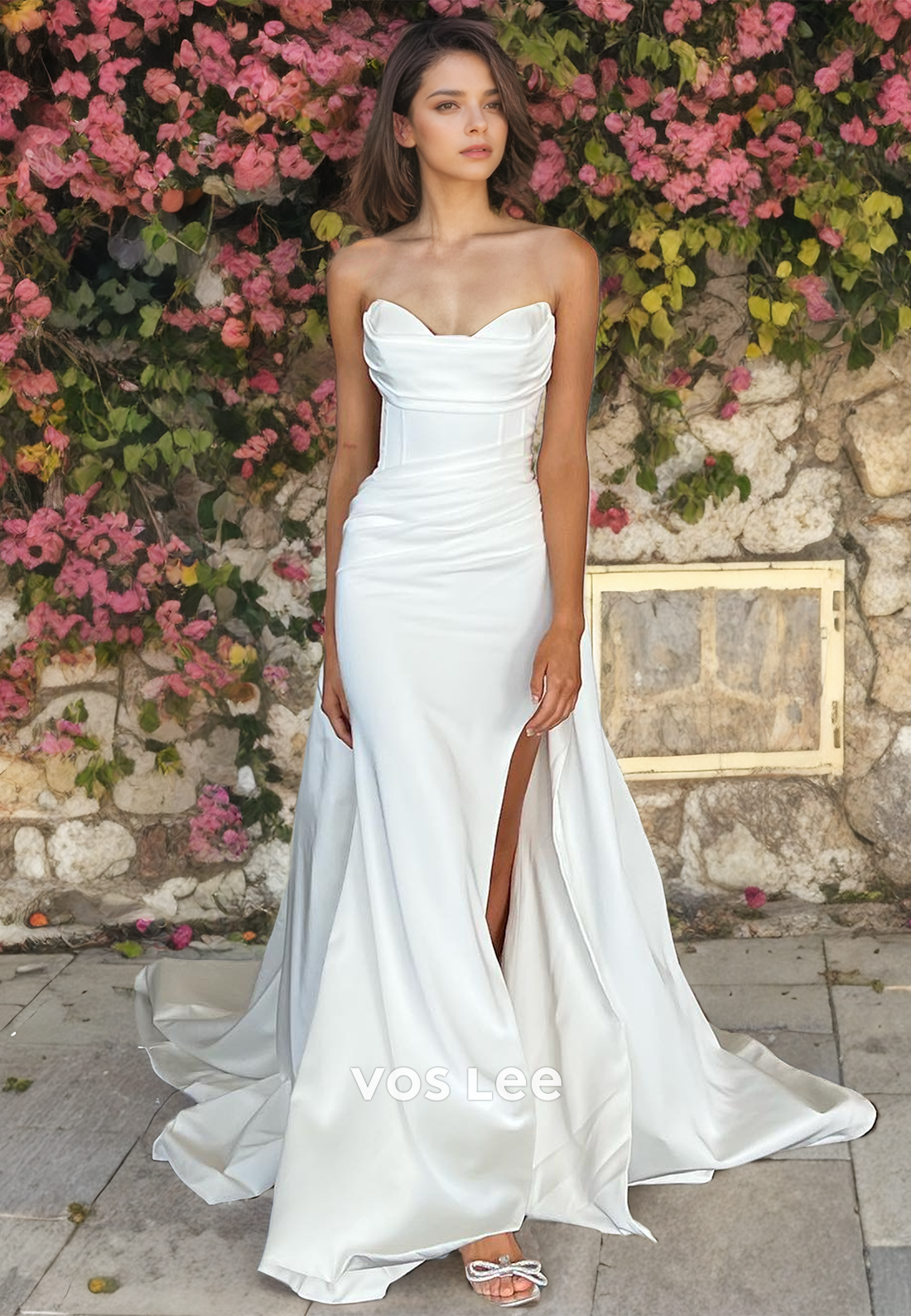 Trumpet/Mermaid Strapless Ruched Satin Wedding Dress with High Slit