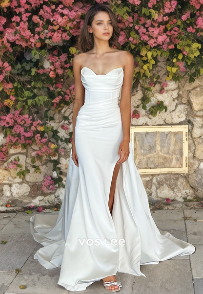 Trumpet/Mermaid Strapless Ruched Satin Wedding Dress with High Slit