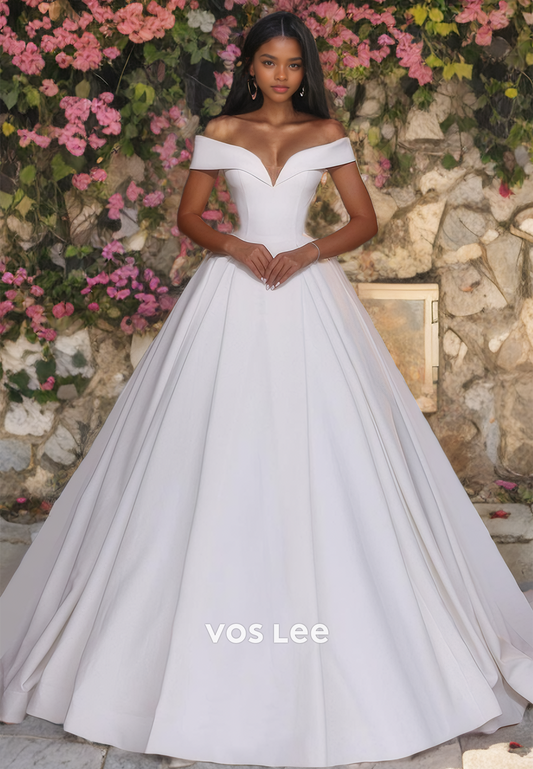 Ball Gown Off-Shoulder Empire Waist Satin Beach Wedding Dress