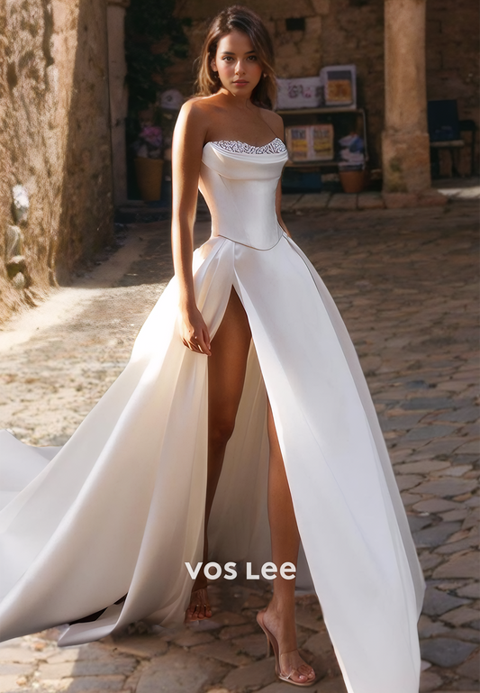 A-Line Strapless Empire Waist Beaded Satin Wedding Dress with High Slit