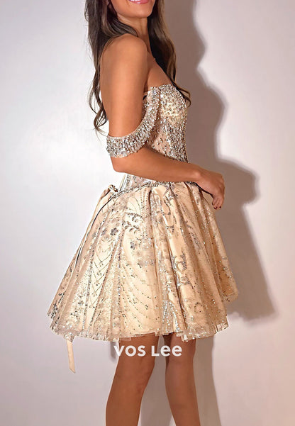 A-Line Off the Shoulder Sequins Rhinestone Embellished Pleated Homecoming Dresses