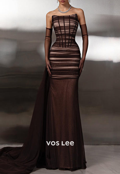 Sexy & Hot Tube Top Sleeveless Pleated Mermaid Prom Dresses with Court Train