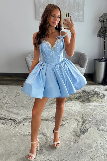 Unique Design A Line Spaghetti Straps Blue Short Homecoming Dress with Beading