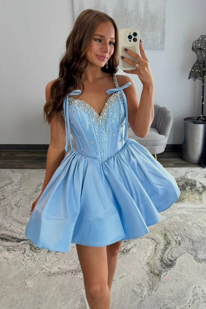 Unique Design A Line Spaghetti Straps Blue Short Homecoming Dress with Beading