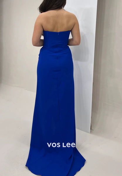 Couture & Ornate  Strapless Rhinestone Pleated Sheath Evening Dresses with Sweep Train