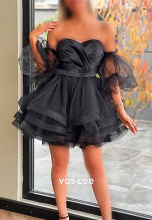 A-Line Tulle Short Sleeve Sweetheart Pleated Homecoming Dresses
