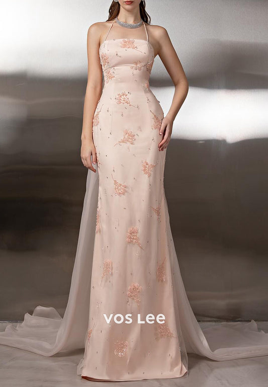 Halter Sleeveless Sequins Beaded Mermaid Prom Dresses with Sweep Train