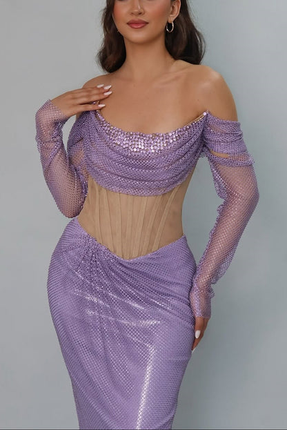 Lilac Long Sleeves Off-the-Shoulder Mermaid Evening Gowns Beads With Pleats