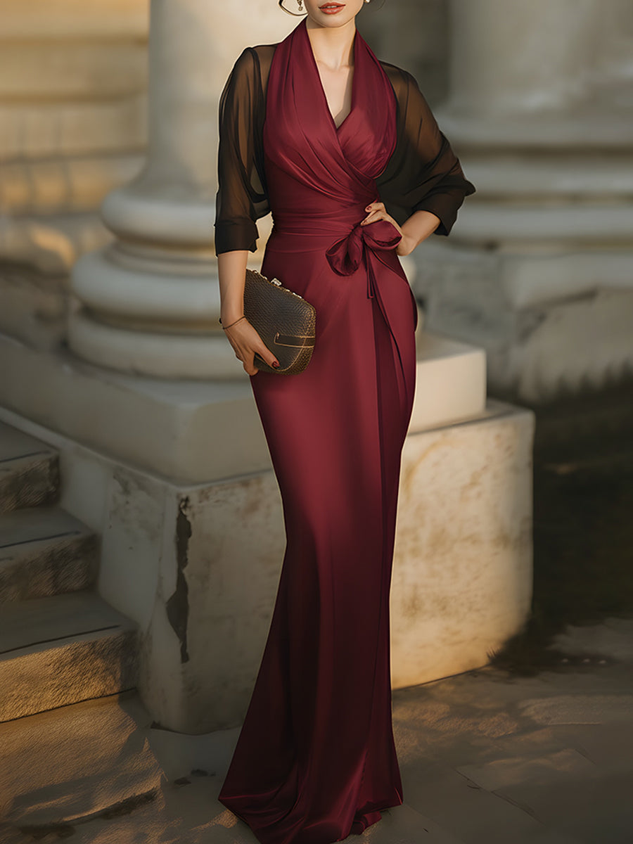 Elegant Draped Evening Gown With Sheer Sleeves