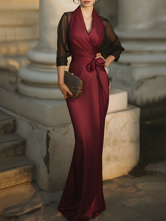 Elegant Draped Evening Gown With Sheer Sleeves