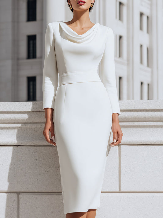 Elegant Long Sleeves Draped Neck Midi Dress