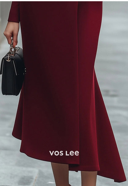 Simple Long Sleeve High Neck Tea-Length Pleated Mermaid Wedding Guest Dresses