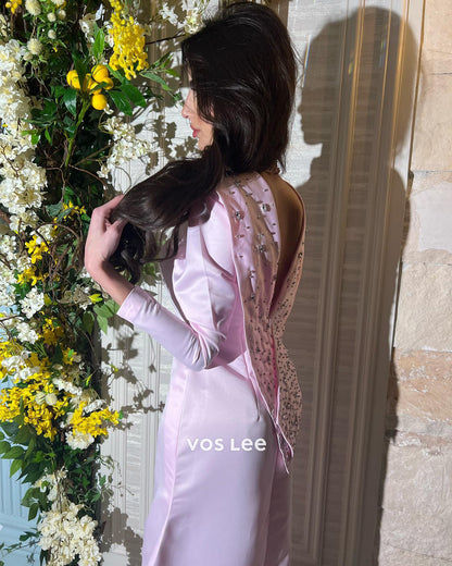 Pink Long Sleeve High Neck Rhinestone V Back Ankle-Length Evening Dresses