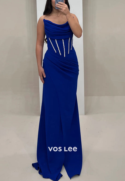 Couture & Ornate  Strapless Rhinestone Pleated Sheath Evening Dresses with Sweep Train