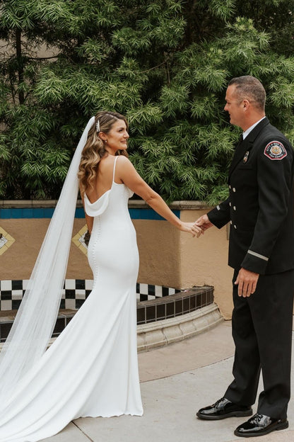 Charming Mermaid Spaghetti Straps White Long Wedding Dress with Sweep Train