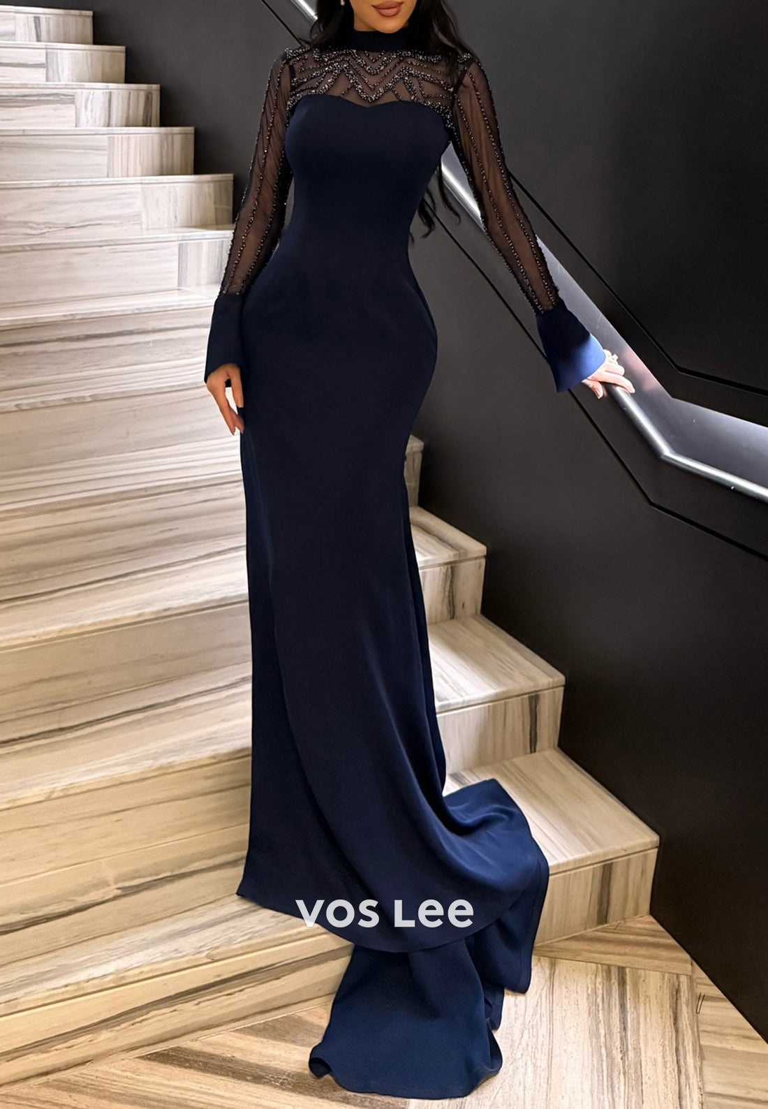 Long Sleeve Illusion Neck Beaded Embellished Mermaid Evening Dresses with Sweep Train
