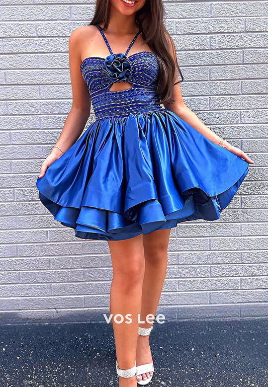 Classic A-Line Halter Flowers Rhinestone Embellished Homecoming Dresses