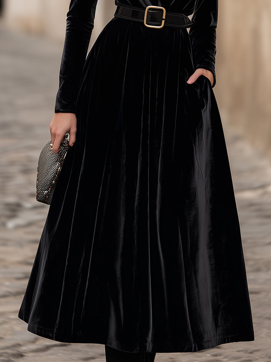 Elegant Velvet Belted Midi Dress