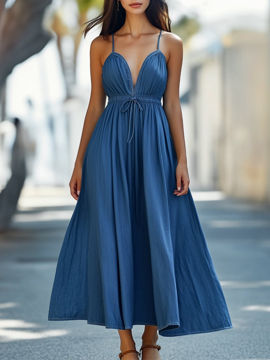 Denim Blue Deep V-Neck Summer Maxi Dress Wedding Guest Dresses