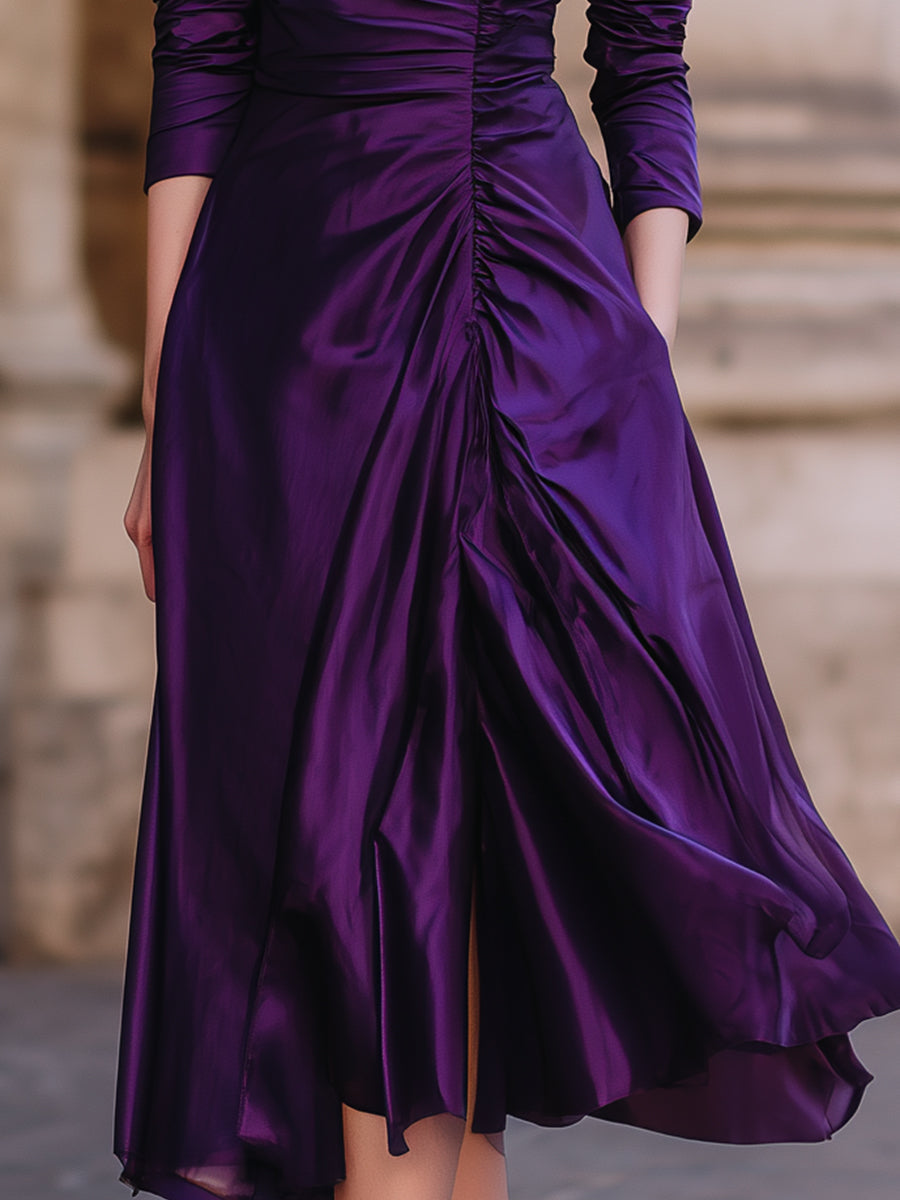 Plum Satin Ruched Wrap Midi Dress