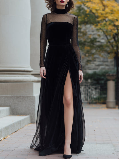 Black Velvet Evening Gown With Sheer Sleeves