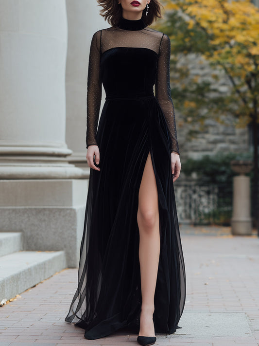 Black Velvet Evening Gown With Sheer Sleeves