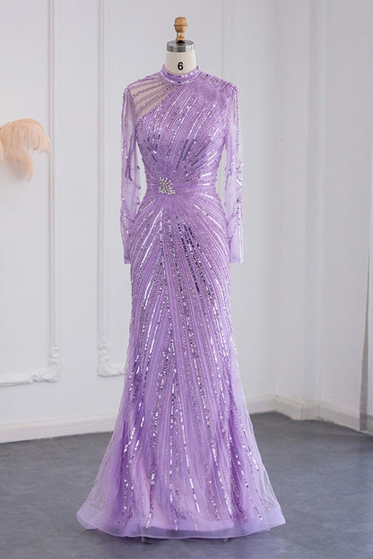 Violet High Neck Mermaid Evening Dress Tulle Long Sleeves With Sparkle Appliques
