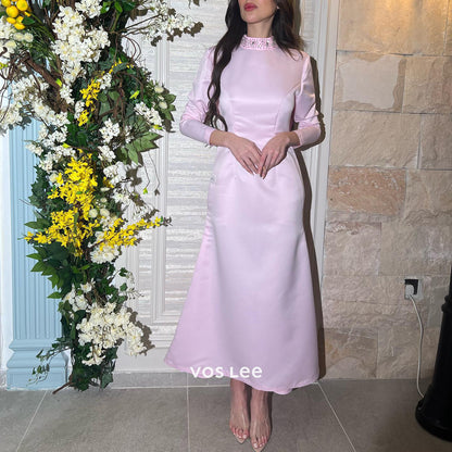 Pink Long Sleeve High Neck Rhinestone V Back Ankle-Length Evening Dresses