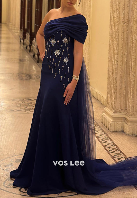One Shoulder Rhinestone Embellished Sheath Evening Dresses with Sweep Train