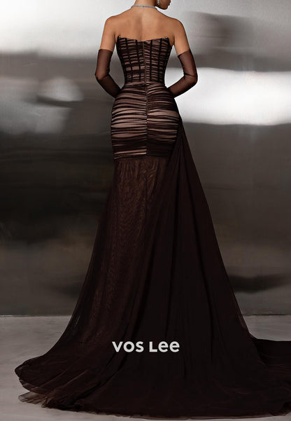 Sexy & Hot Tube Top Sleeveless Pleated Mermaid Prom Dresses with Court Train