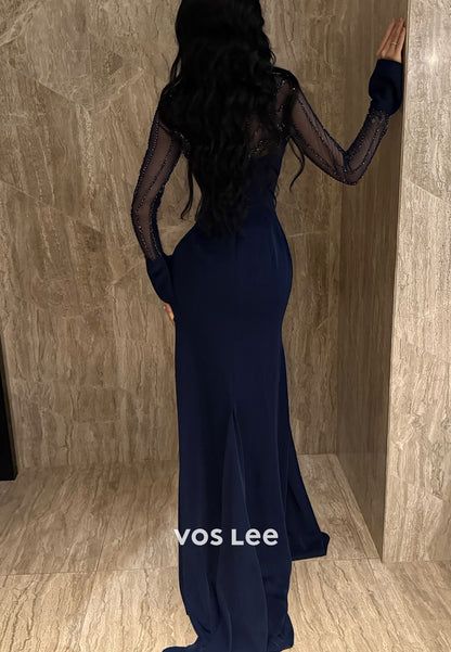 Long Sleeve Illusion Neck Beaded Embellished Mermaid Evening Dresses with Sweep Train