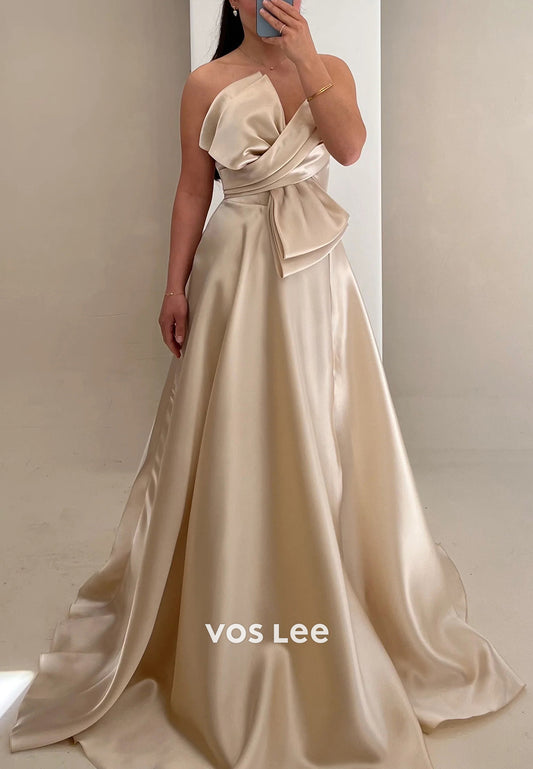 Simple & Casual A-Line Strapless Bowknot Pleated Evening Dresses with Sweep Train