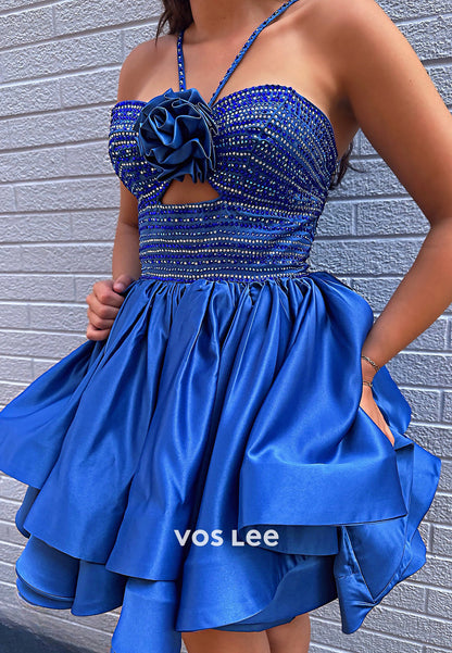 Classic A-Line Halter Flowers Rhinestone Embellished Homecoming Dresses