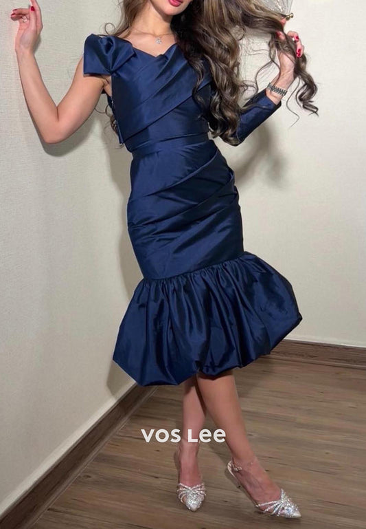 Dark Navy Long Sleeve V Neck Bowknot Tea-Length Ruched Evening Dresses