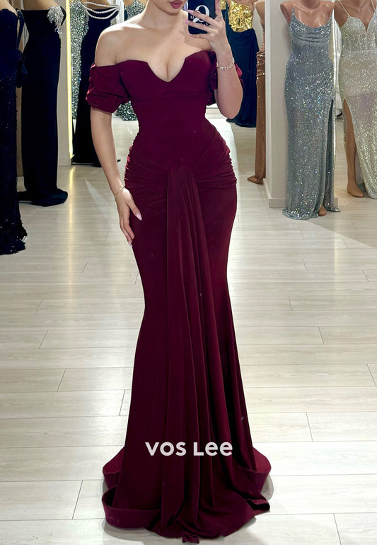 Short Sleeve Off the Shoulder Pleated Mermaid Evening Dresses with Sweep Train