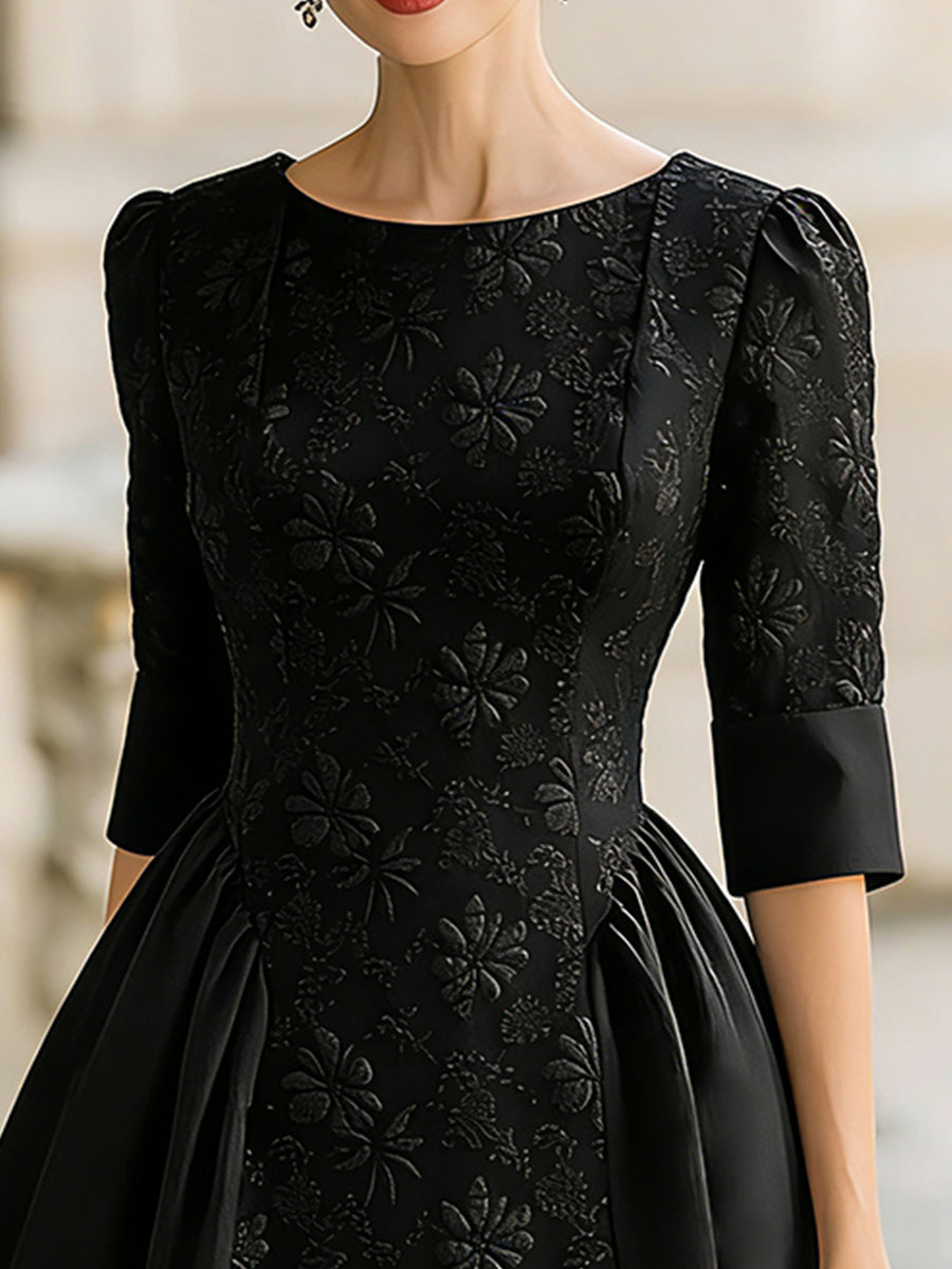 Elegant Jacquard Short-Sleeve A-Line Midi Dress