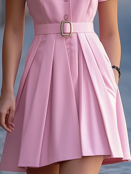 Pink Belted Pleated Shirt Dress Wedding Guest Dresses