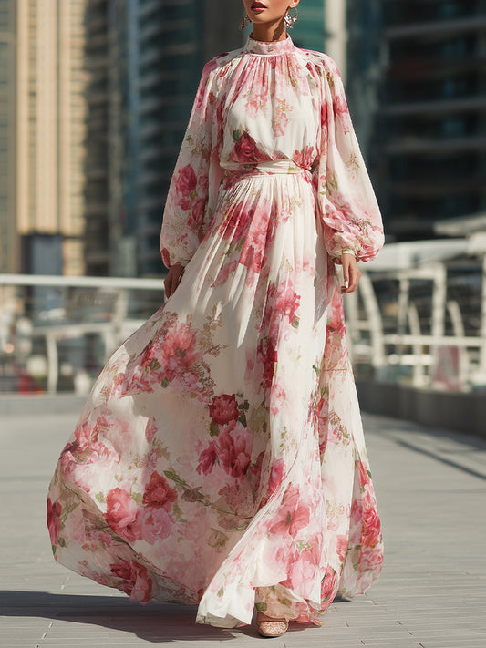 Elegant Floral Chiffon Maxi Gown