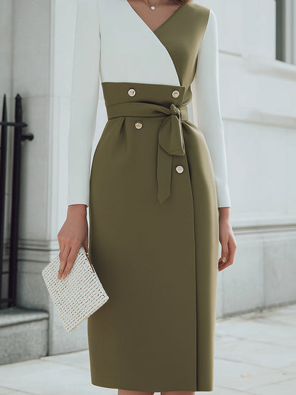 Olive Green And White Color-Block Belted Midi Dress
