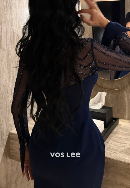 Long Sleeve Illusion Neck Beaded Embellished Mermaid Evening Dresses with Sweep Train