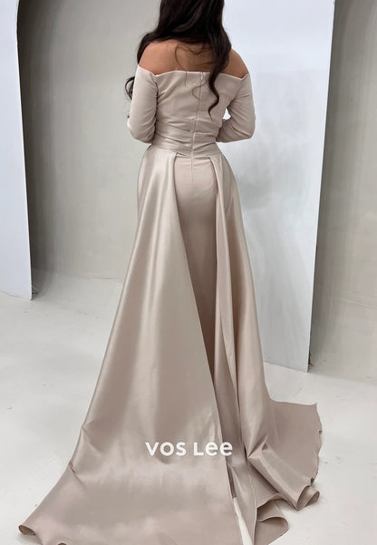 Classic Long Sleeve Off the Shoulder Ruched Mermaid Evening Dresses with Sweep Train