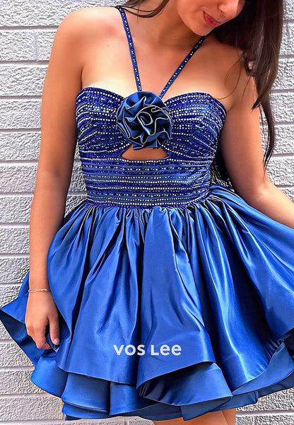 Classic A-Line Halter Flowers Rhinestone Embellished Homecoming Dresses