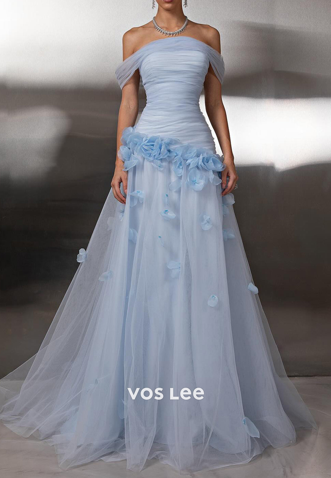 A-Line Off the Shoulder Tulle Appliques Pleated Prom Dresses with Sweep Train