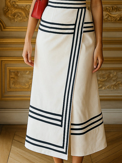 Ivory Square-Neck Midi Dress With Black Trim Wedding Guest Dresses