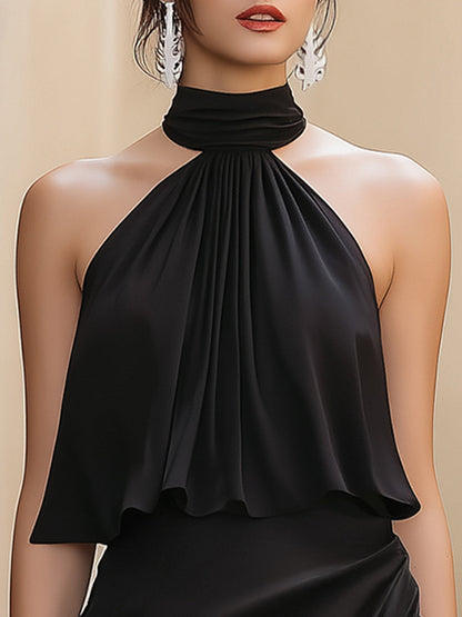 Elegant Black Satin Halter Neck Ruched Mini Dress