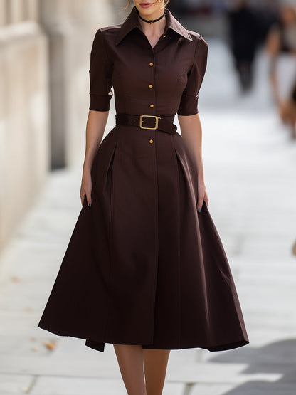 Belted A-Line Shirt Dress With Flared Hem